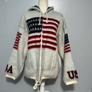 Vintage Tejidos Ruminahui Hooded Full Zip 100% Wool Sweater USA Flag size L